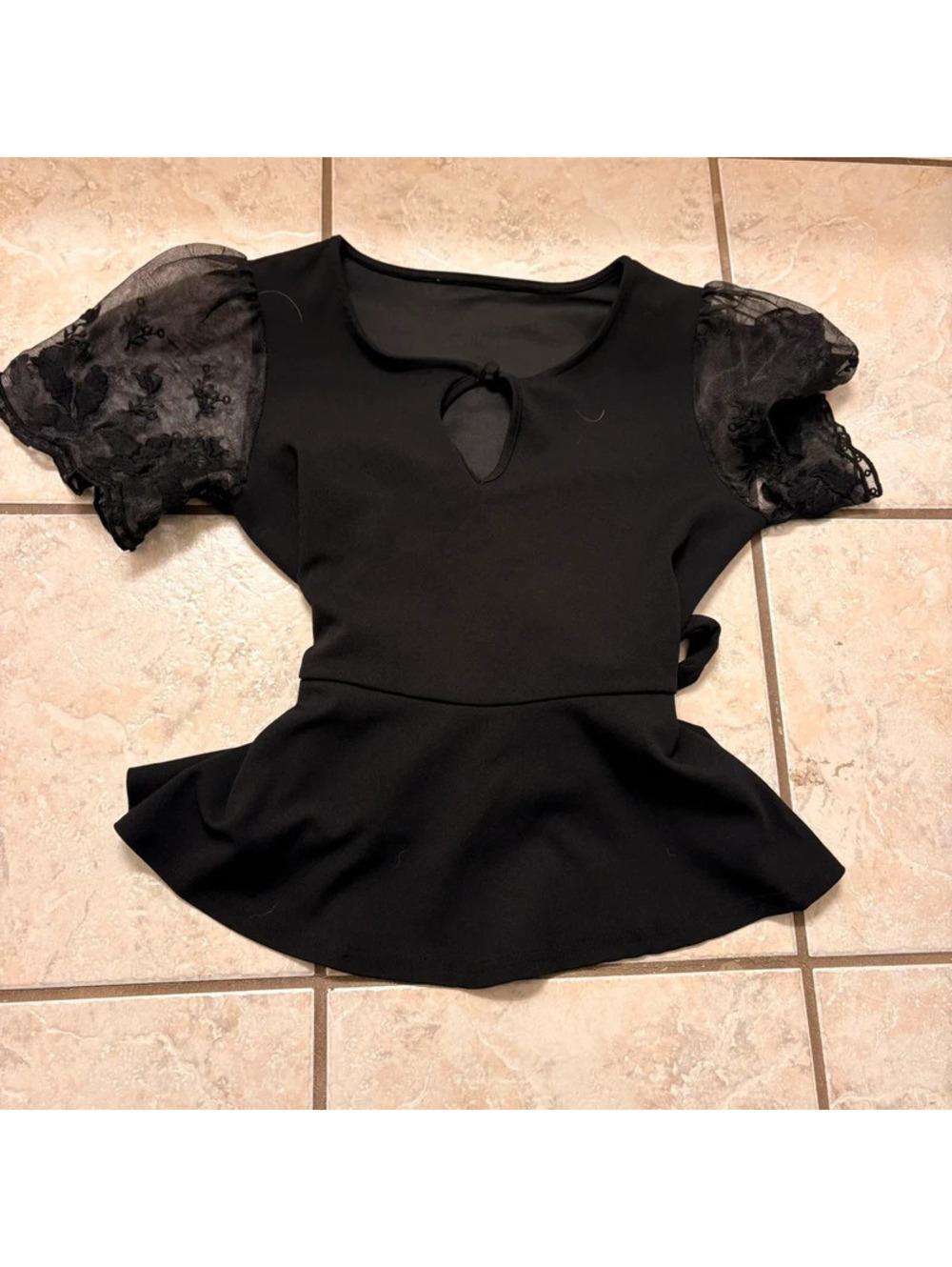 Black Whimsy Goth fitted blouse with tie black and sheer floral sleeves